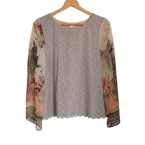 Sundance Womens Mixed Media Lace Silk Floral Sleeve Romantic Top size M